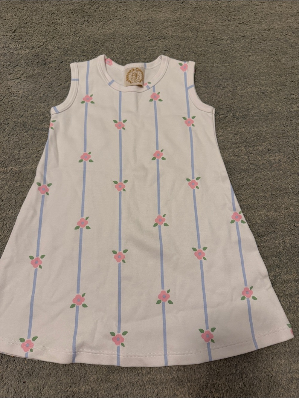 The Beaufort Bonnet Company White Dress with Pink Floral and Blue Stripe,